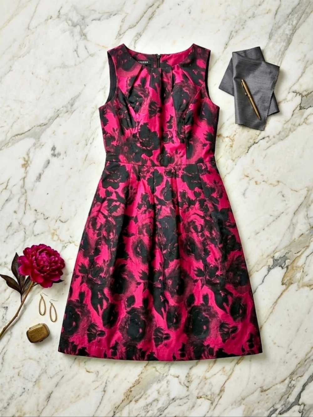 Talbots Floral Midi Dress in Pink & Black Size 2 Like New
